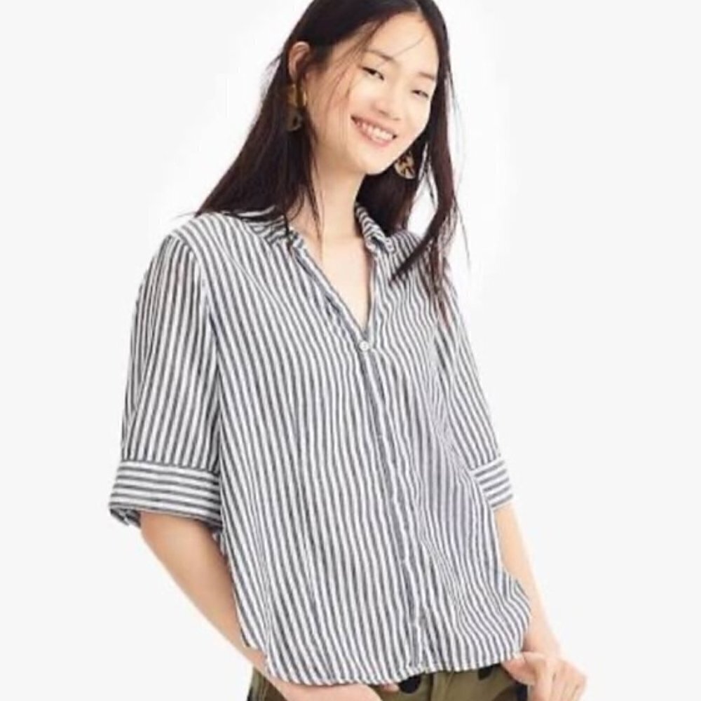 J. Crew Tall Gray & White‎ Stripe Short Sleeve Button Down ST
